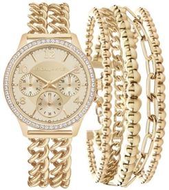 Double Gold Tone Stainless Steel Strap Analog Watch and Layered Bracelet Set 40mm