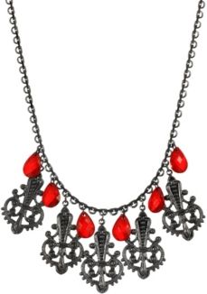 2028 Women's Black Tone Multi Filigree and Red Briolette Drop Necklace