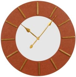 Large Round Wood Wall Clock with Faux Leather Border and Detail
