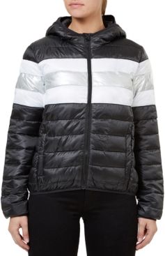 Quilted Hooded Metallic-Stripe Packable Jacket