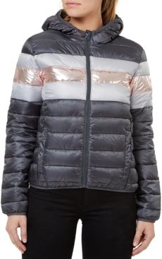 Quilted Hooded Metallic-Stripe Packable Jacket