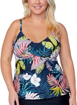 Trendy Plus Size Aries Whitehaven Bloom Printed Tankini Top Women's Swimsuit