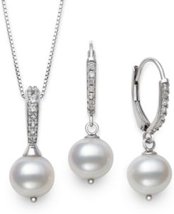 2-Pc. Set Cultured Freshwater Pearl (7-1/2mm) & Cubic Zirconia Pendant Necklace & Matching Drop Earrings in Sterling Silver