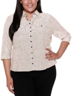 Black Label Plus Size Striped Button Up Peplum Top with Pockets
