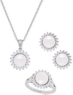 Cultured Freshwater Pearl (8mm) and Swarovski Cubic Zirconia Jewelry Set in Sterling Silver
