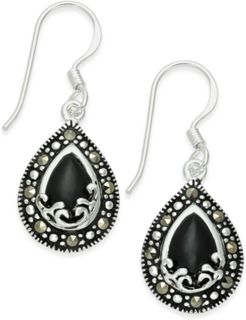 Onyx (1-9/10 ct. t.w.) & Marcasite Drop Earrings in Fine Silver-Plate