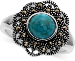 Marcasite and Manufactured Turquoise Filigree Ring in Fine Silver-Plate