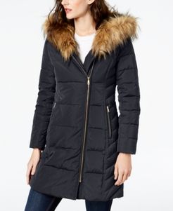 Faux-Fur-Trim Hooded Asymmetrical Down Puffer Coat