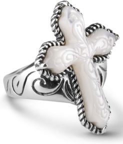 White Mother of Pearl Carved Cross Ring in Sterling Silver