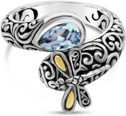 Sweet Dragonfly Classic Sterling Silver Ring embellished by 18K Gold Accents on 4 strips of Dragonfly's Wings and Blue Topaz