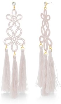 Casted Pink Flower Design Yellow Gold-Tone Dangling Tassel Earrings