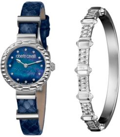 By Franck Muller Women's Diamond Swiss Quartz Blue Leather Strap Watch & Bracelet Gift Set, 26mm