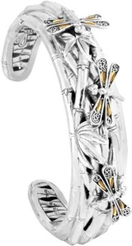Sweet Dragonfly Bamboo Sterling Silver Cuff Embellished by 18K Gold Accents on 4 Strips of Dragonfly's Wings