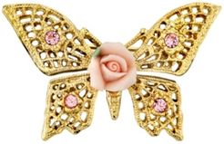 2028 Gold-Tone Pink Crystal and Porcelain Rose Butterfly Brooch