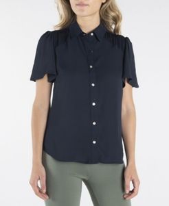 Short Sleeve Button Down with Flutter Sleeves and Pleats