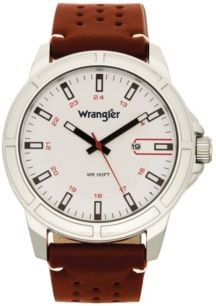 Men's, 48MM Silver Case with White Dial, White Index Markers, Sand Satin Dial, Analog, Date Function, Red Second Hand, Brown Strap with White Accent Stitch