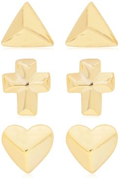 Link Up 3-Piece Set Triangle, Cross and Heart Stud Earrings in 18K Gold Over Sterling Silver