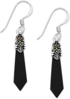 Genuine Swarovski Marcasite & Onyx Pointed Drop Earrings in Fine Silver-Plate