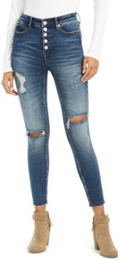 Exposed-Button High-Rise Destructed Skinny Ankle Jeans
