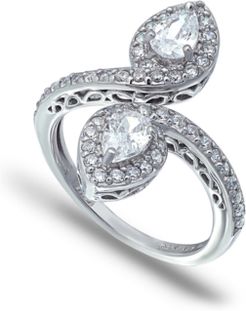Cubic Zirconia Pear Halo Bypass Ring in Fine Silver Plate