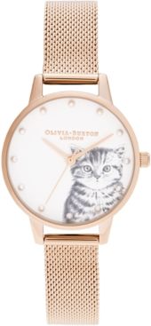 Illustrated Animals Rose Gold-Tone Stainless Steel Mesh Bracelet Watch 30mm