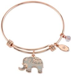 "All Good Things are Wild and Free" Elephant Charm Adjustable Bangle Bracelet in Rose Gold-Tone & Stainless Steel with Silver Plated Charms