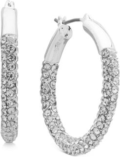 Silver-Tone Medium Crystal Pave Hoop Earrings, 1.1"