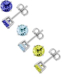 3-Pc. Set Colored Glass Stud Earrings in Fine Silver-Plate