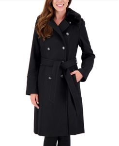 Petite Double-Breasted Faux-Fur-Collar Coat