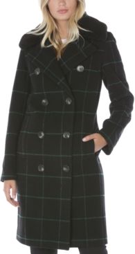 Plaid Faux-Fur-Collar Double-Breasted Coat