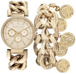 Chunky Chain Gold Tone Stainless Steel Strap Analog Watch and Coin Bracelet Set 40mm