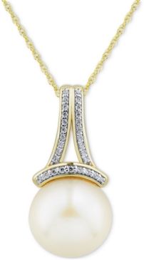 White Cultured Ming Pearl (12mm) & Diamond (1/10 ct. t.w.) 18" Pendant Necklace in 14k Gold
