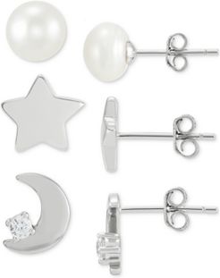 3-Pc. Set Cultured Freshwater Pearl (7mm) & Cubic Zirconia Celestial Themed Stud Earrings in Sterling Silver, Created for Macy's