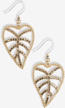 Gold-Tone Pave Open Leaf Drop Earrings