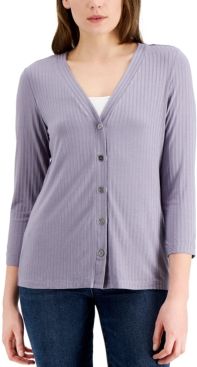Ribbed Button-Down 3/4-Sleeve Knit Top