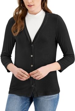 Ribbed Button-Down 3/4-Sleeve Knit Top