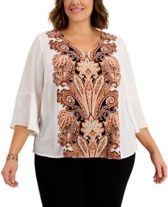 Plus Size Perla Printed-Front Ruffle-Sleeve Top, Created for Macy's