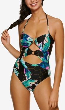 Juniors' Twisted Palms Printed Cutout One-Piece Swimsuit, Created for Macy's Women's Swimsuit