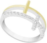 Cubic Zirconia Polished Two Tone Double Cross Ring in Fine Silver Plate