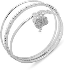 Silver-Tone 3-Pc. Set Pave Heart & Key Bangle Bracelets