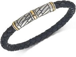 Black Woven Leather Bracelet in Sterling Silver and 14k Gold, Created for Macy's