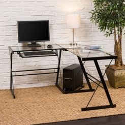 51" Home Office L-Shaped Glass Corner Computer Desk with Black Metal Frame