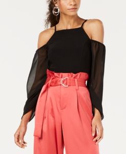 Mixed Media Cold-Shoulder Ruched-Sleeve Top, Created for Macy's
