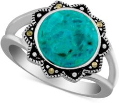 Reconstituted Turquoise & Marcasite Ring in Fine Silver Plate