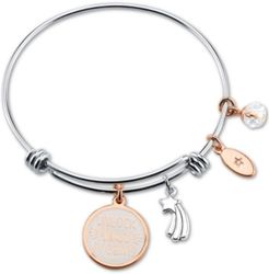 "Unlock Your Dream" White Enamel Adjustable Bangle Bracelet in Rose Gold-Tone Stainless Steel Silver Plated Charms