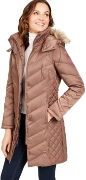 Faux-Fur-Trim Hooded Down Puffer Coat