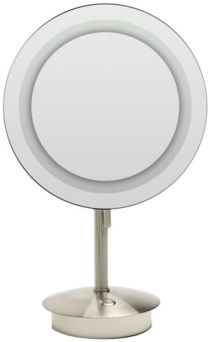 Brushed Nickel Tabletop Round 5x Magnifying Cosmetic Mirror with Light Bedding