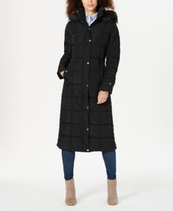 Faux-Fur-Trim Hooded Maxi Puffer Coat