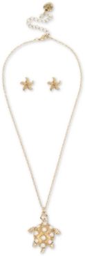 Gold-Tone Pave & Imitation Pearl Turtle Pendant Necklace & Starfish Stud Earrings Set