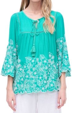 Tie Neck Boho Blouse with Embroidery and Faggoting